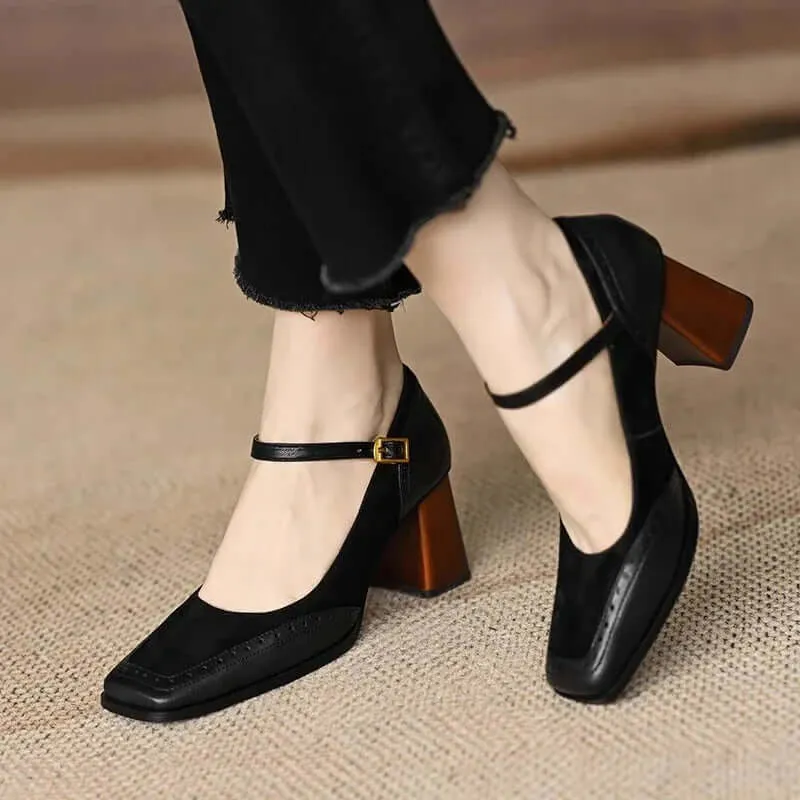 Leather Block Heel Sandals with Buckle