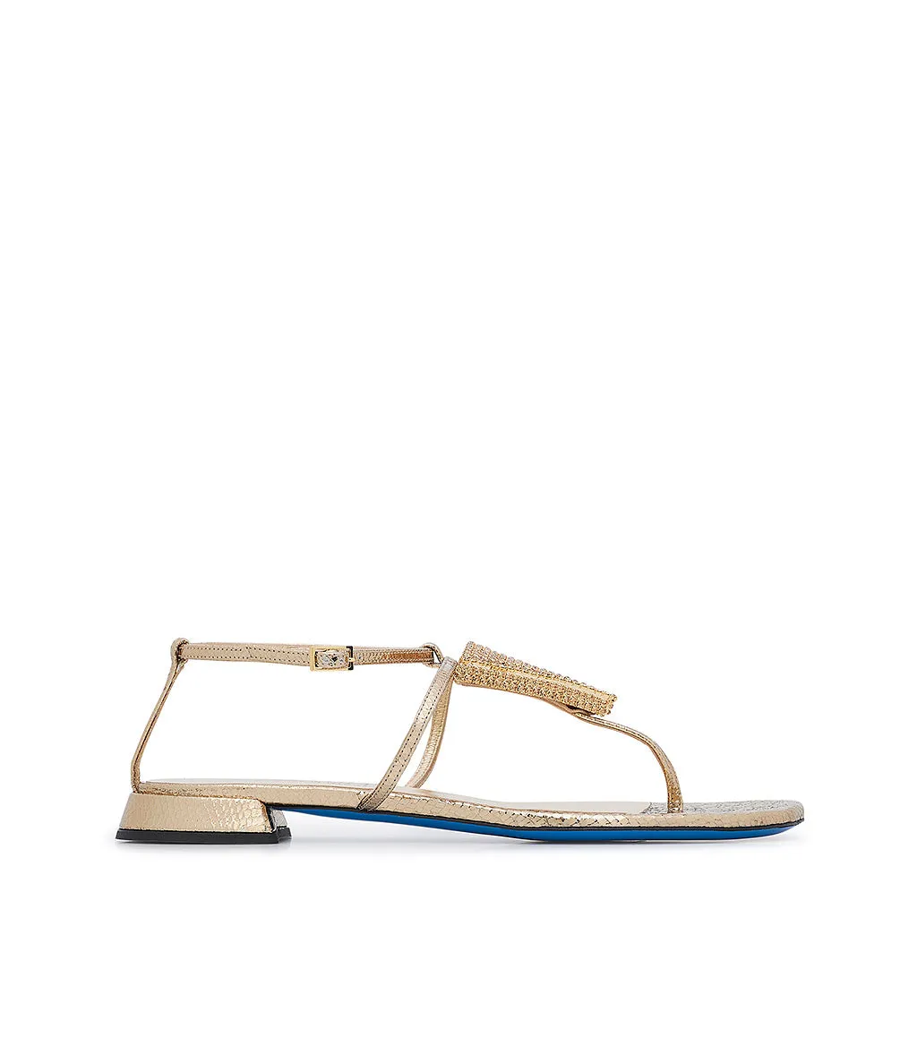 Light gold printed leather jewel sandals