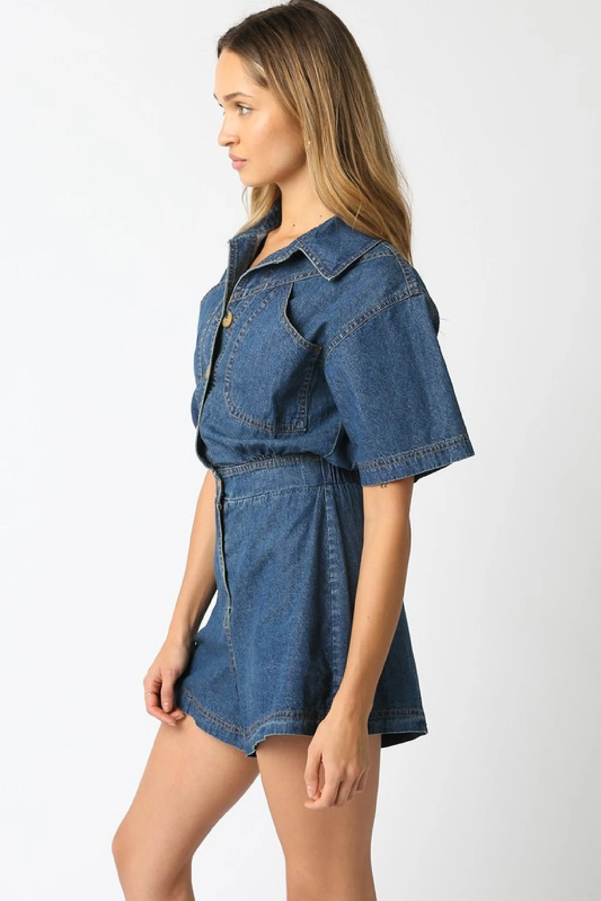 Madeline Short Sleeve Button Down Denim Romper Dark Wash