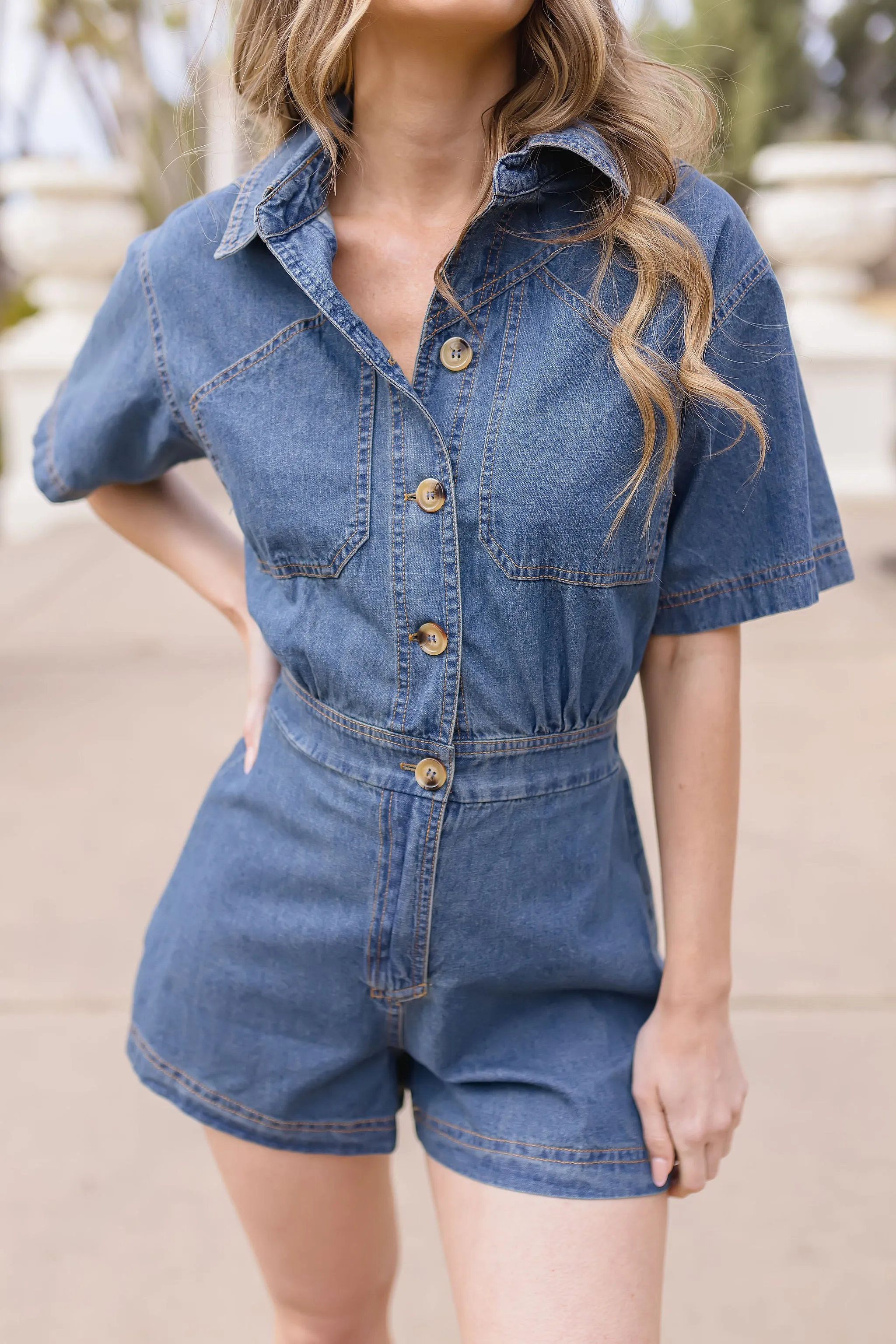 Madeline Short Sleeve Button Down Denim Romper Dark Wash