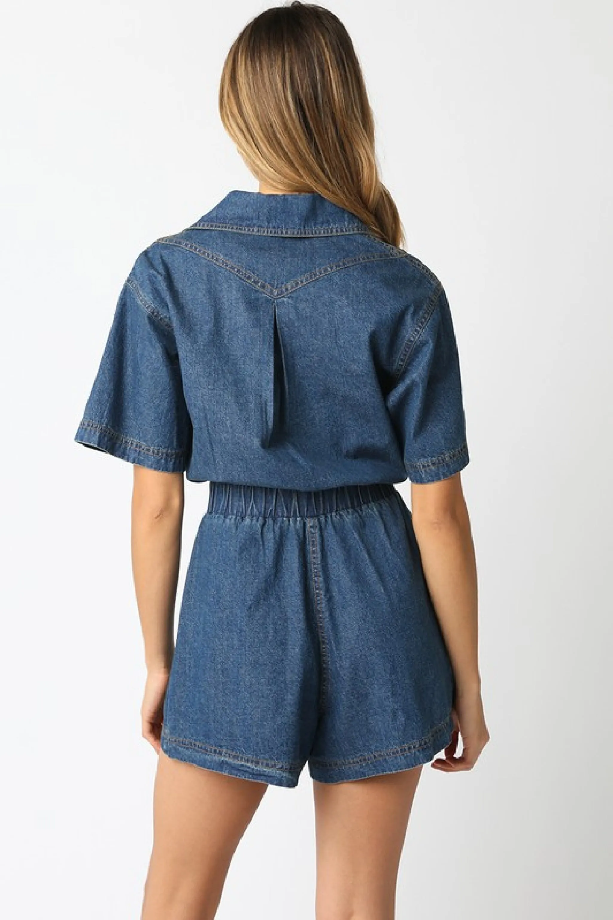 Madeline Short Sleeve Button Down Denim Romper Dark Wash