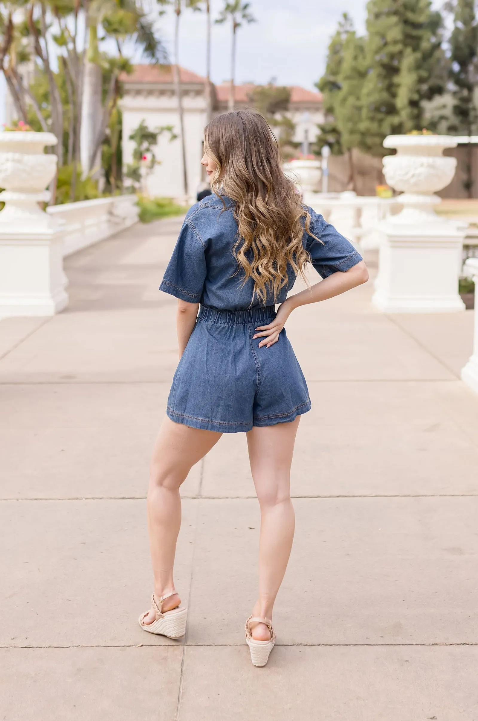 Madeline Short Sleeve Button Down Denim Romper Dark Wash