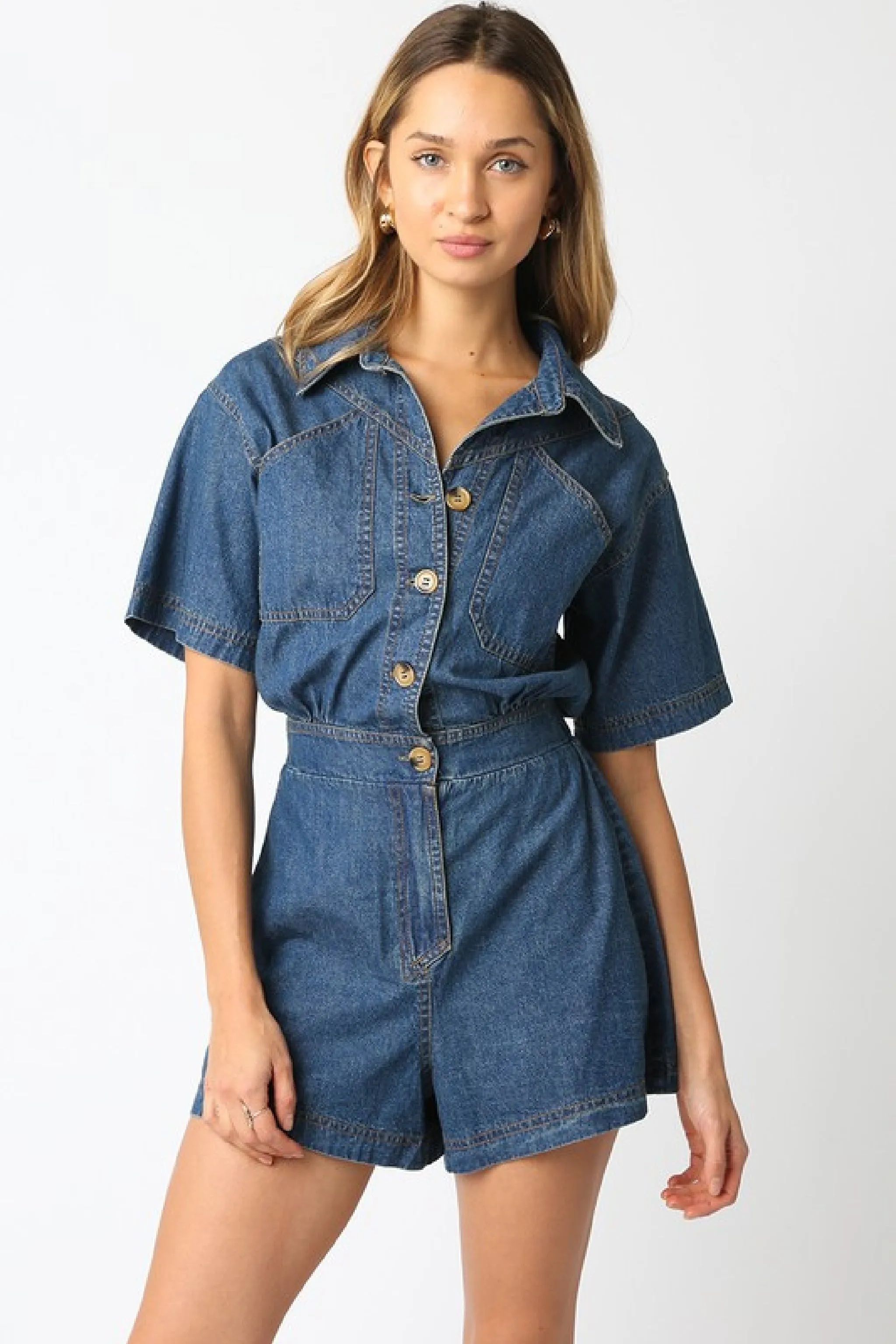 Madeline Short Sleeve Button Down Denim Romper Dark Wash