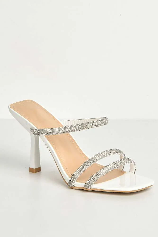 Meiria 3 Diamante Strap High Heel Mules in White