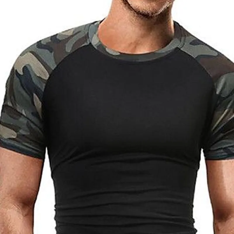 Men's Slim Fit Camouflage Stitching Round Neck Cotton Short Sleeve T-Shirt 45082261U