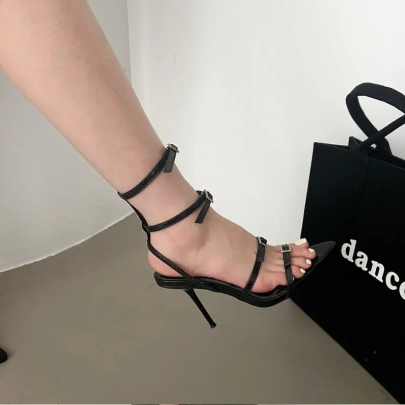 New Arrival Women's Pointed-toe Rhinestone Buckle Multi-Strap Stiletto Sandals