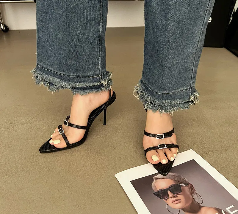 New Arrival Women's Pointed-toe Rhinestone Buckle Multi-Strap Stiletto Sandals