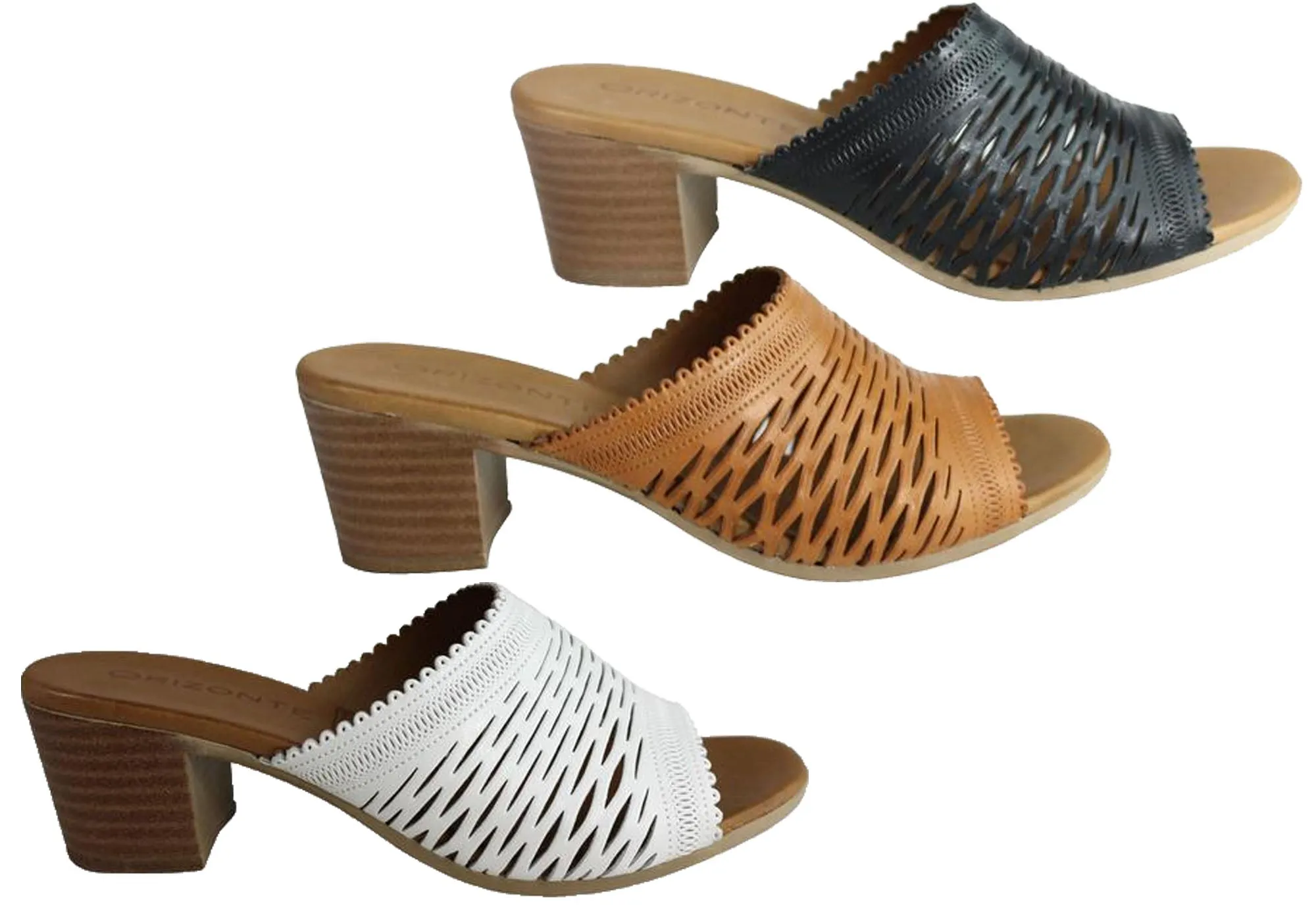 Orizonte Jilly Womens European Leather Mid Heel Comfort Slides Sandals