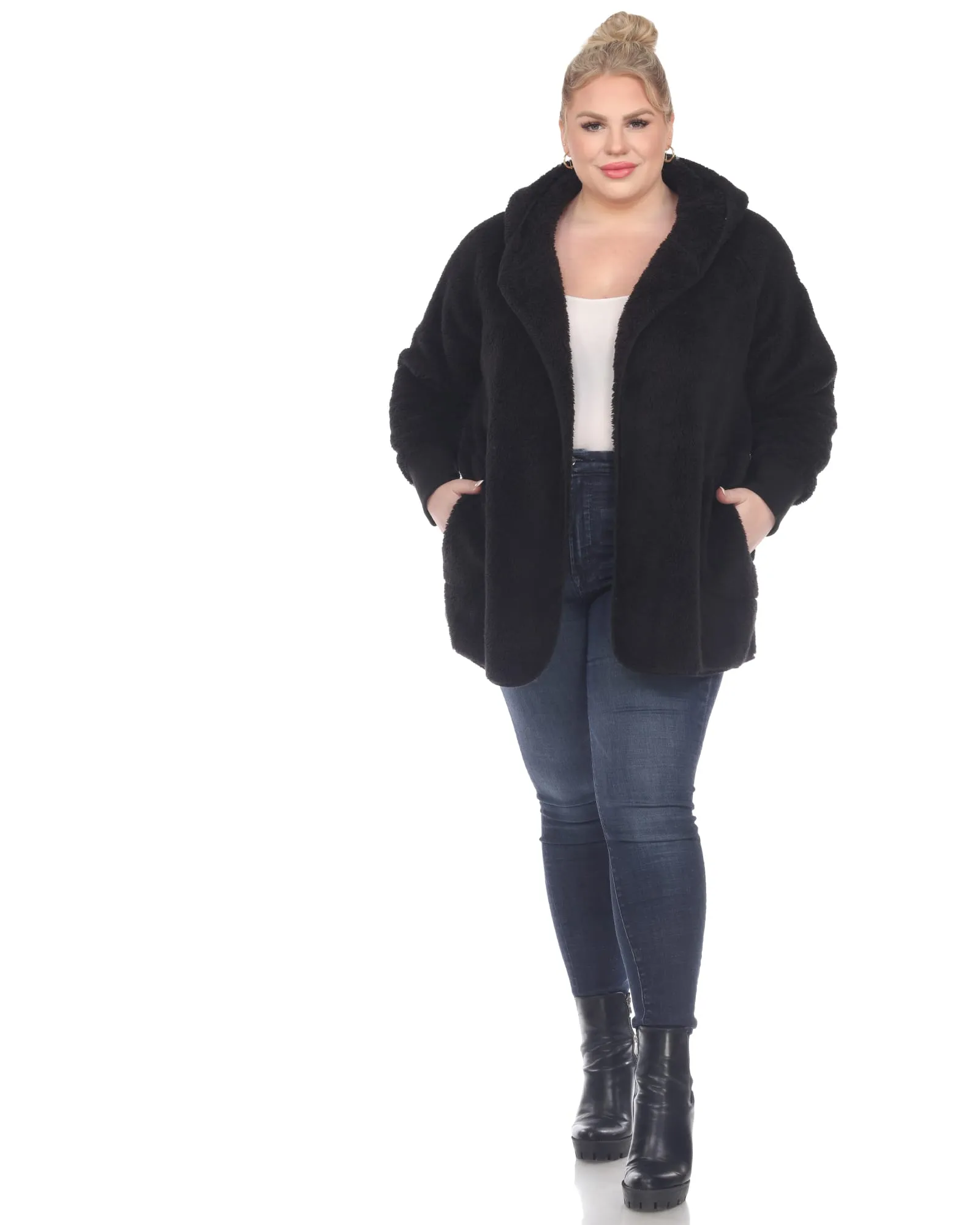 Plush Hooded Cardigan with Pockets | Black
