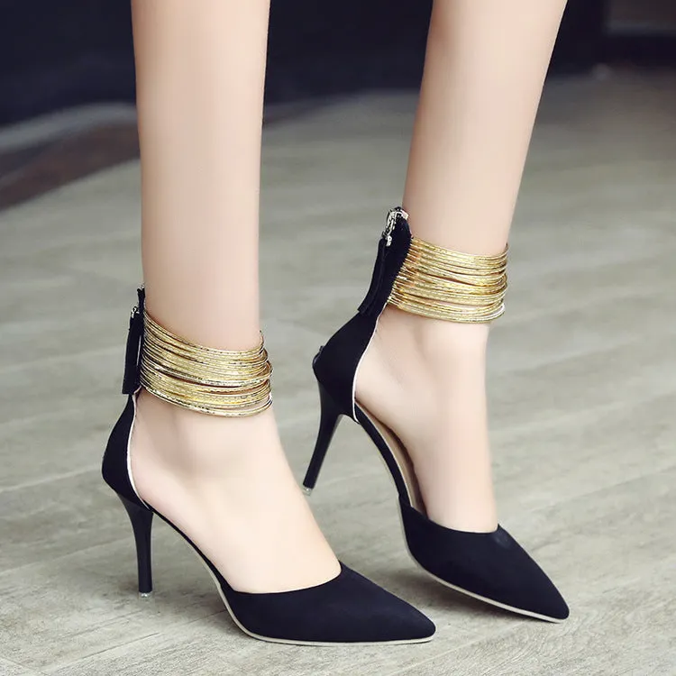 Pointed Toe Shinning Ankle Wraps Low Cut Stiletto Heels Party Shoes