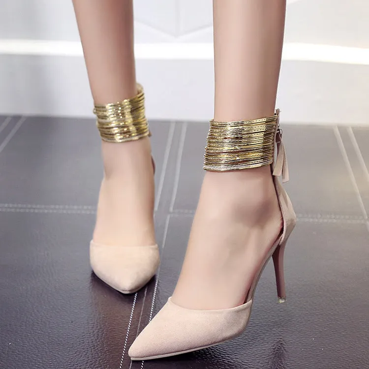 Pointed Toe Shinning Ankle Wraps Low Cut Stiletto Heels Party Shoes
