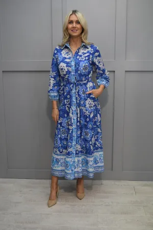 Pomodoro Blue & White Batik Border Print Shirt Dress- 72402