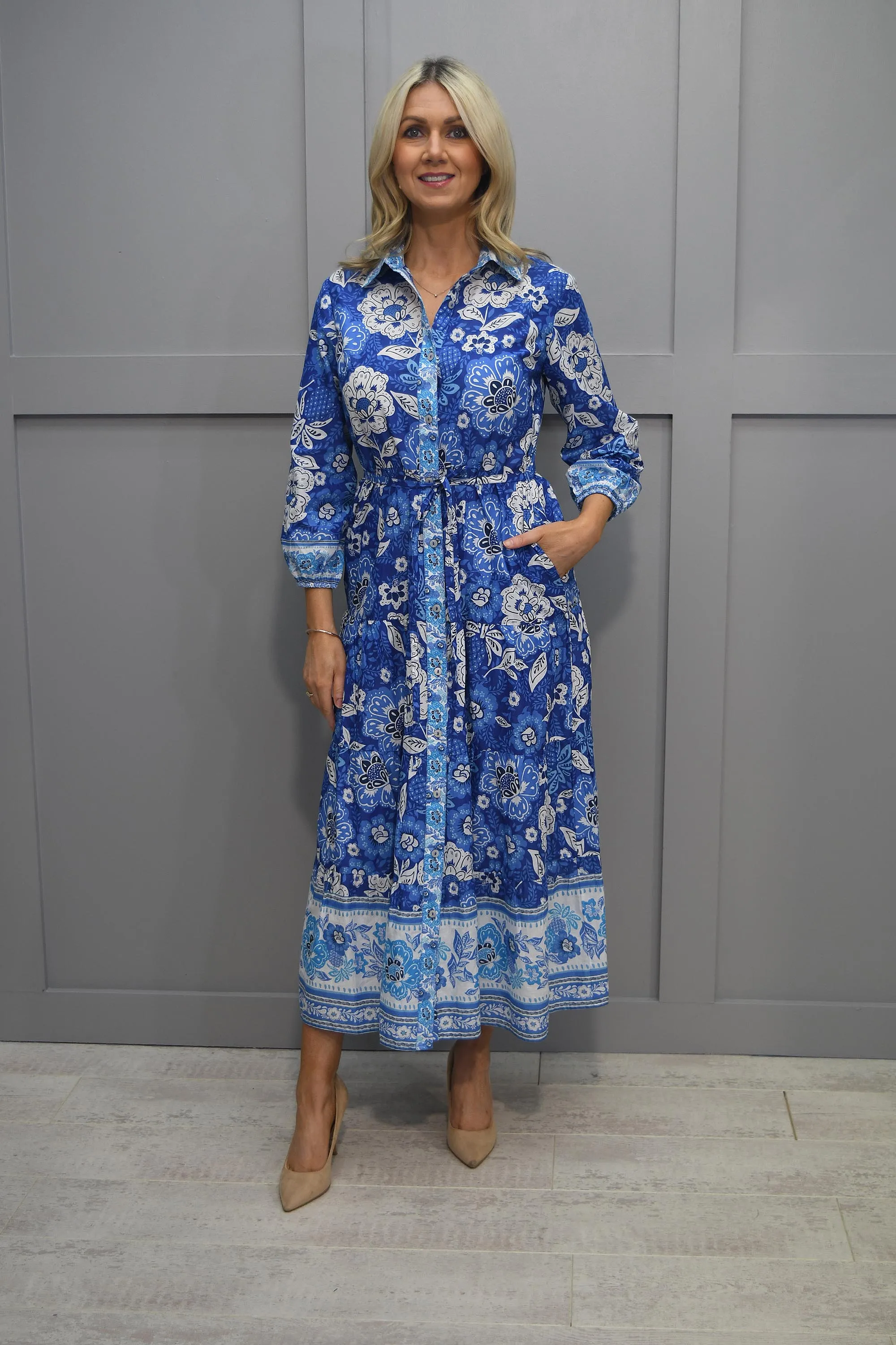 Pomodoro Blue & White Batik Border Print Shirt Dress- 72402