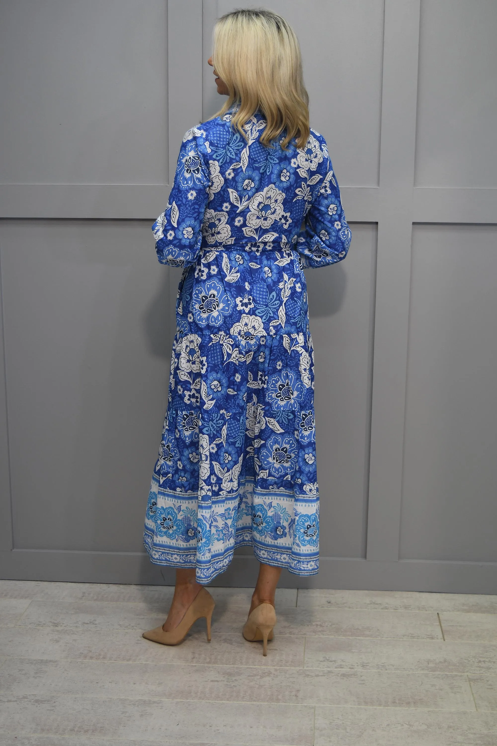 Pomodoro Blue & White Batik Border Print Shirt Dress- 72402