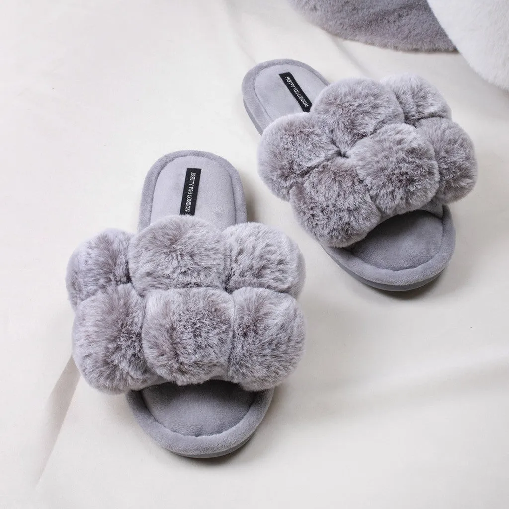 Pretty You London Grey Pom Pom Slippers