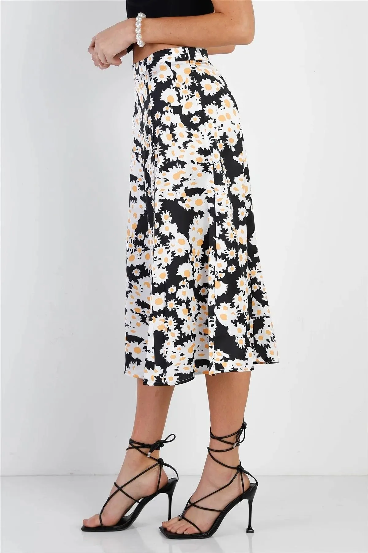 "Daisy" Print Black Multi Color Satin Effect Midi Slip Skirt /1-3-2