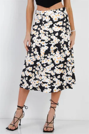 "Daisy" Print Black Multi Color Satin Effect Midi Slip Skirt /1-3-2