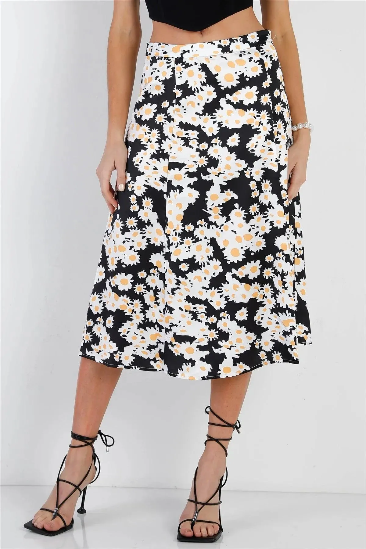 "Daisy" Print Black Multi Color Satin Effect Midi Slip Skirt /1-3-2