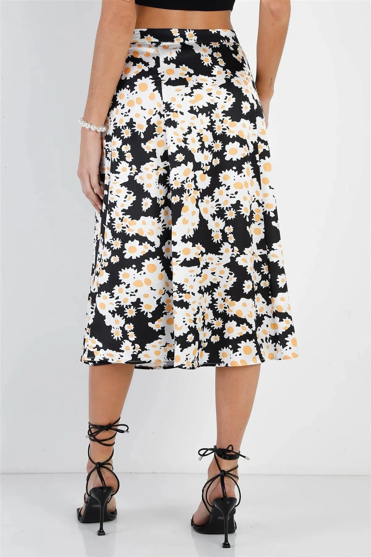 "Daisy" Print Black Multi Color Satin Effect Midi Slip Skirt /1-3-2