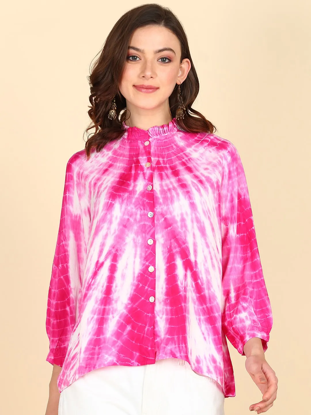 Rayon Tie Dye Pink Frill Neck Shirt