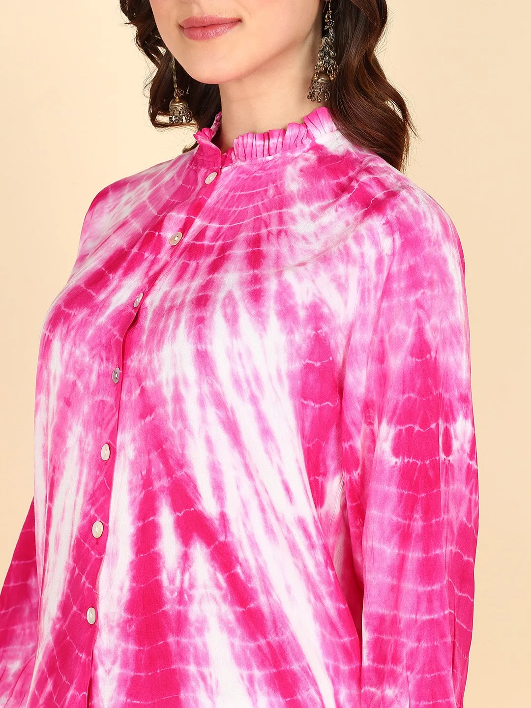 Rayon Tie Dye Pink Frill Neck Shirt