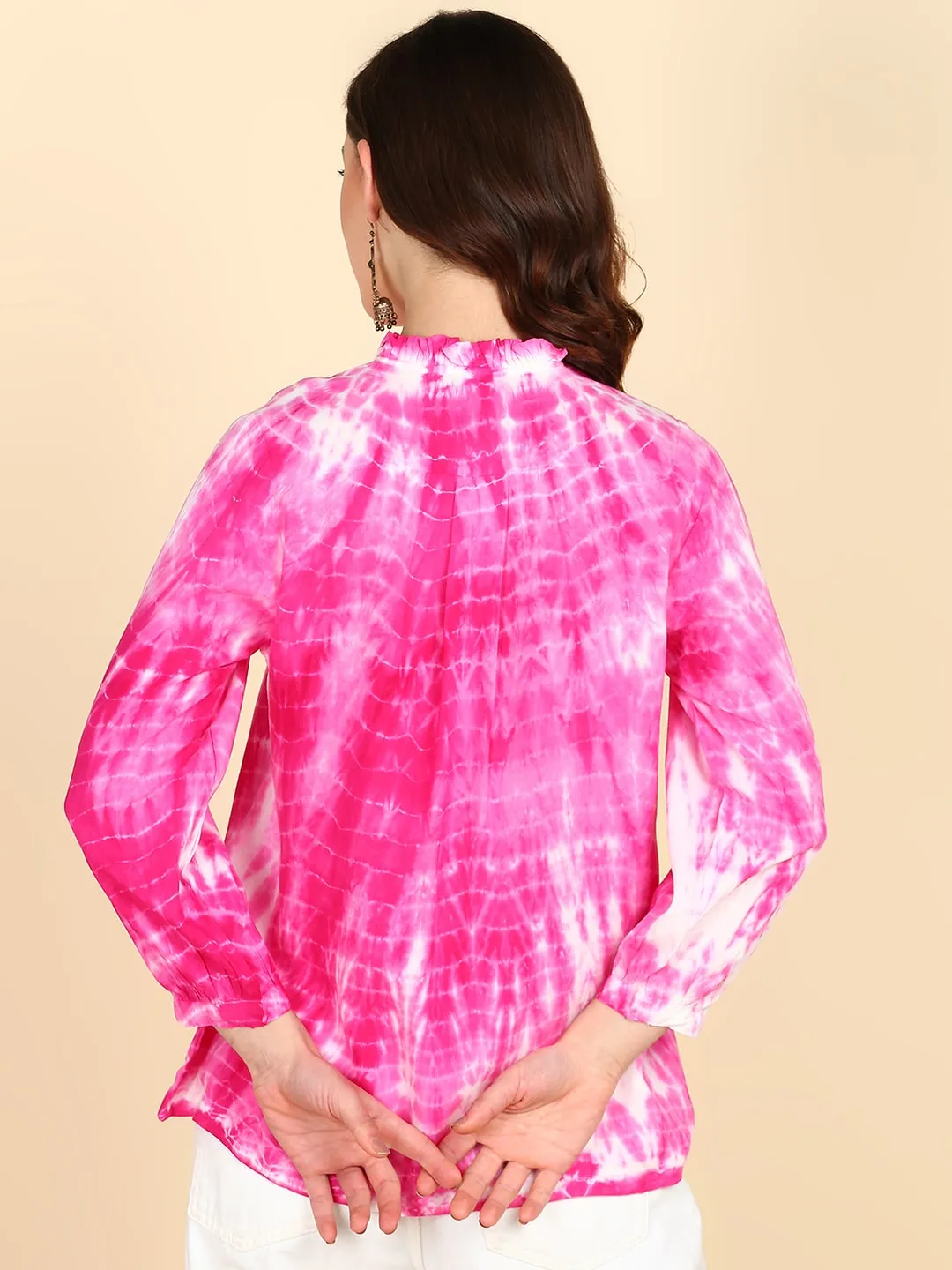 Rayon Tie Dye Pink Frill Neck Shirt