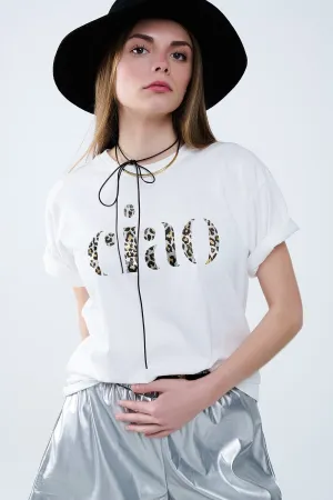 Relaxed White T-Shirt With Ciao In Leopard Print