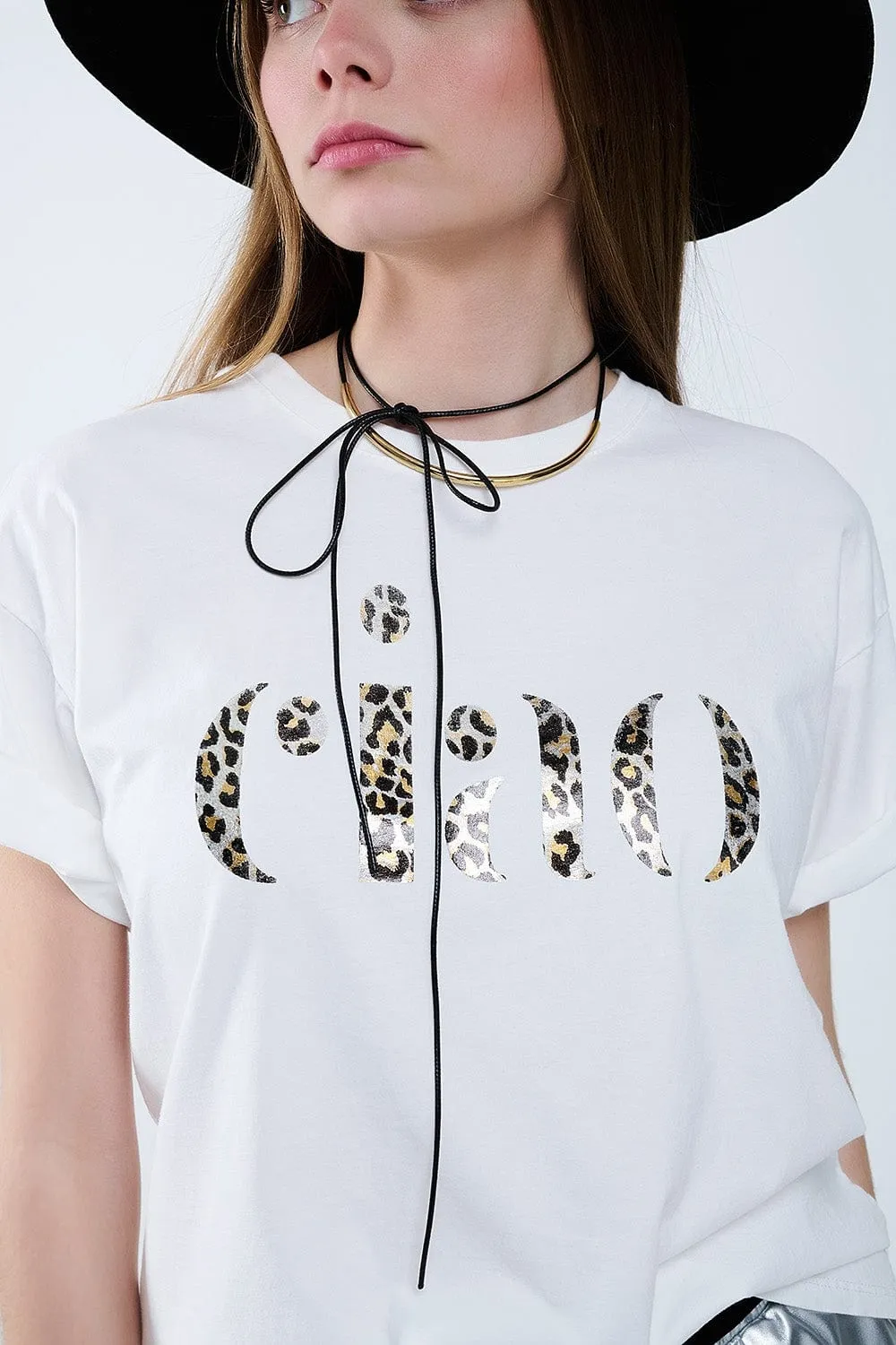 Relaxed White T-Shirt With Ciao In Leopard Print