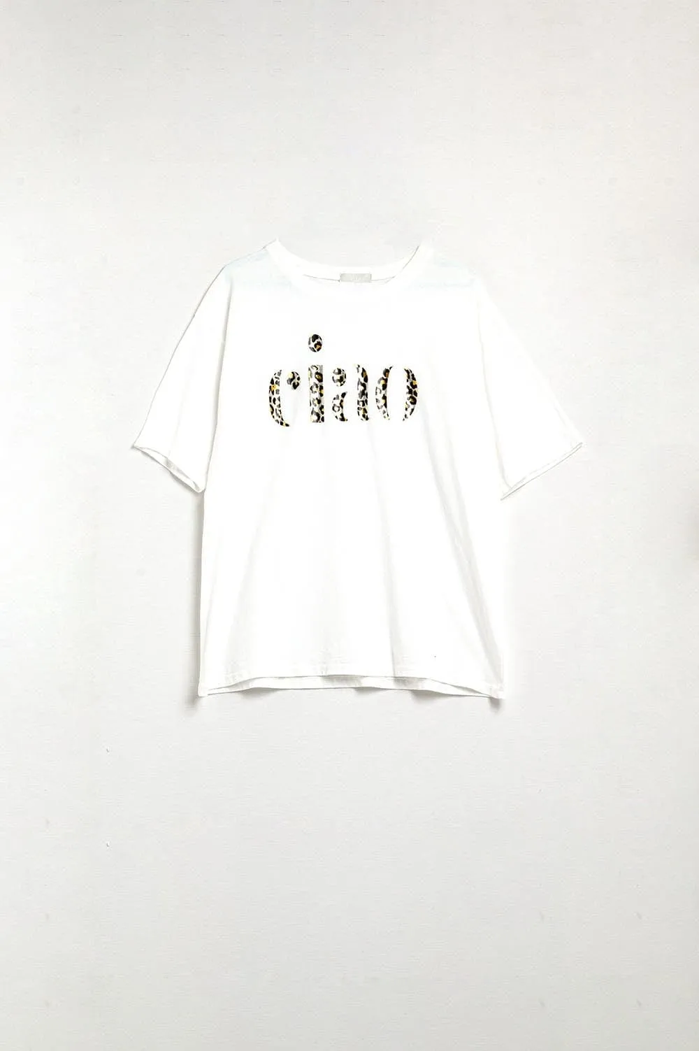 Relaxed White T-Shirt With Ciao In Leopard Print