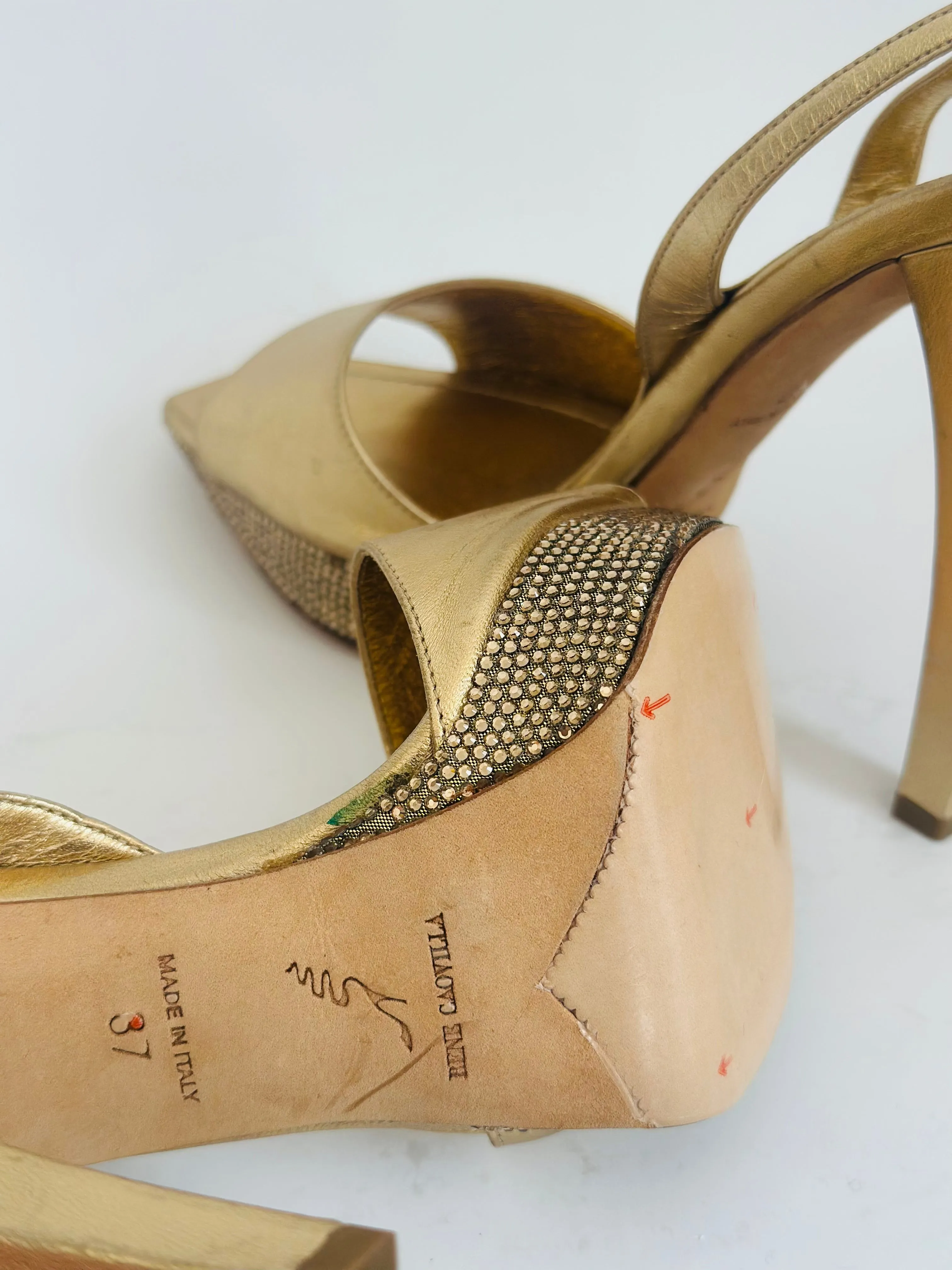 RENE CAOVILLA - SANDALS GOLD LEATHER WITH CRYSTALS SIZE 37 EU