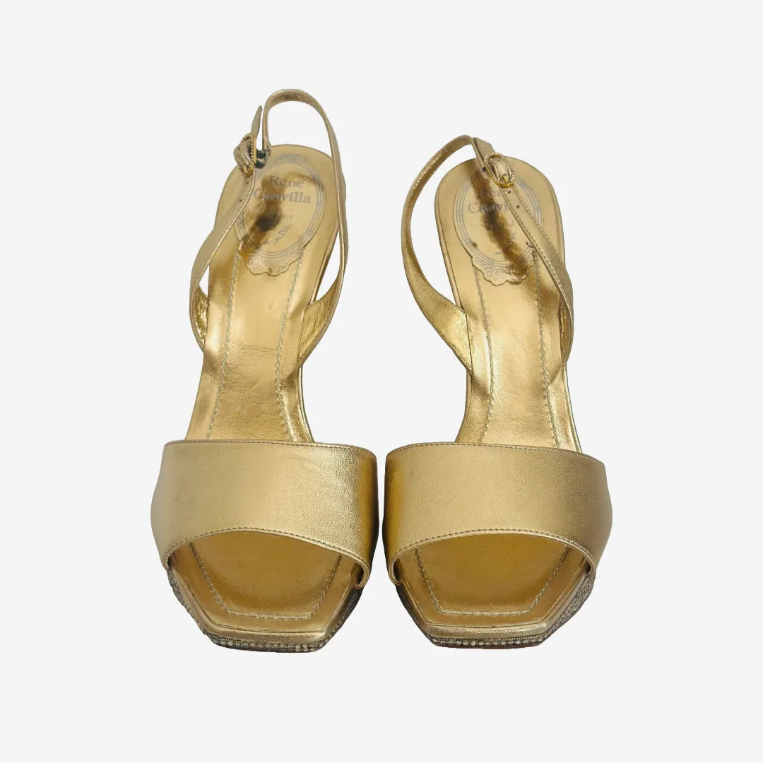 RENE CAOVILLA - SANDALS GOLD LEATHER WITH CRYSTALS SIZE 37 EU