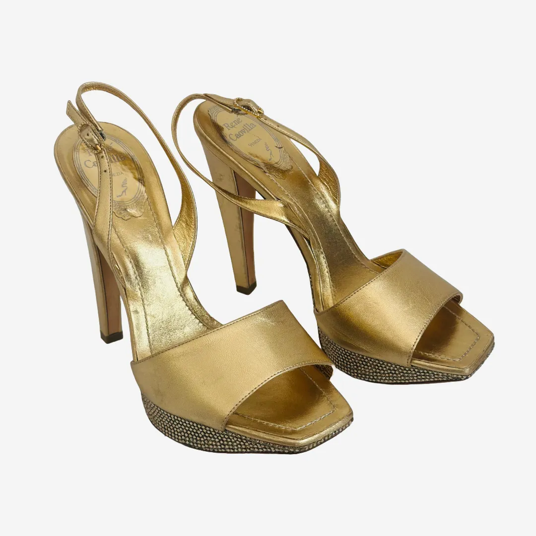 RENE CAOVILLA - SANDALS GOLD LEATHER WITH CRYSTALS SIZE 37 EU