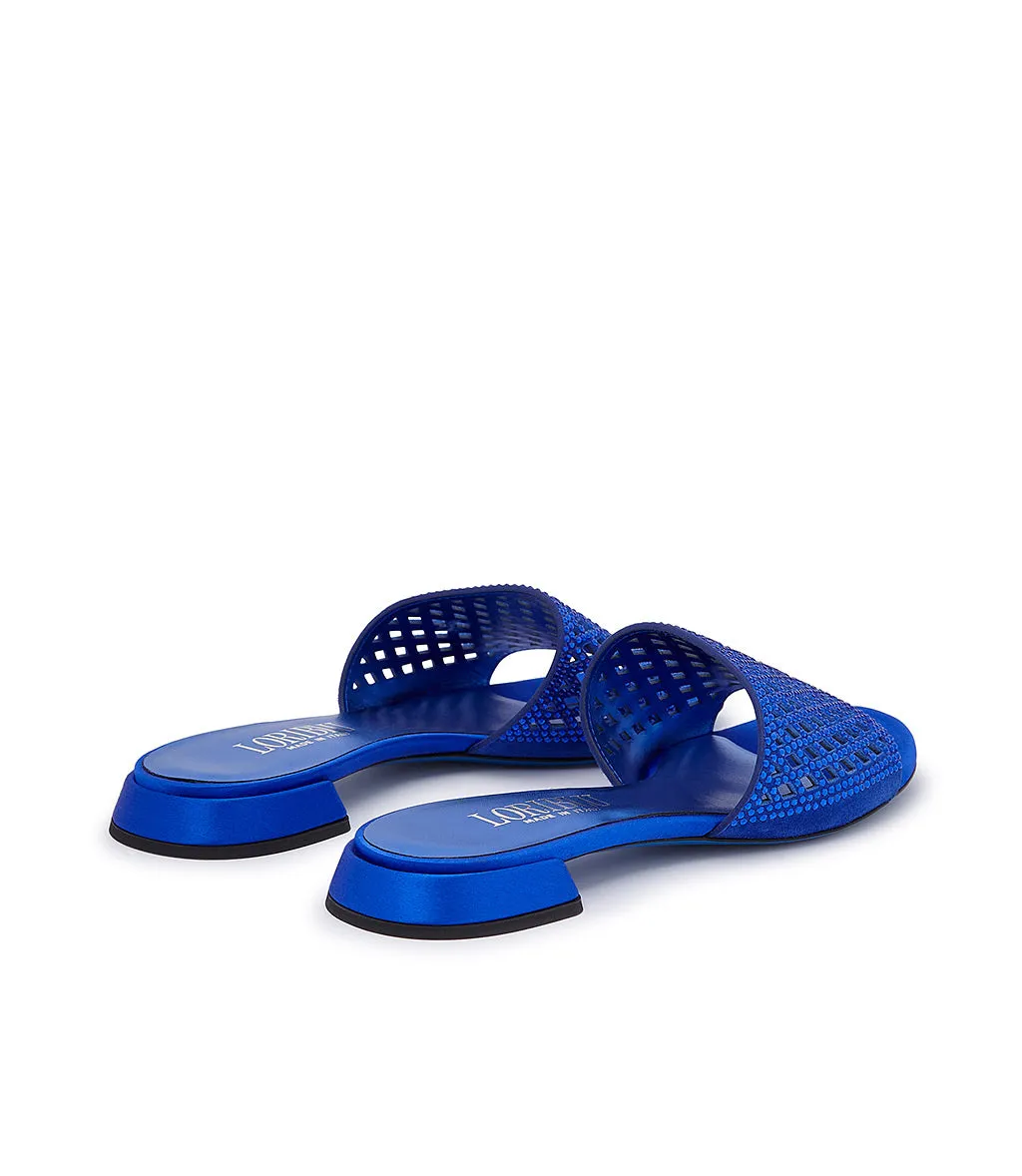 Rhinestoned bluette suede and satin mules