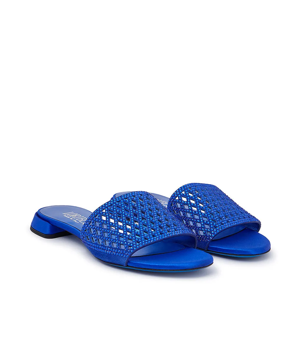 Rhinestoned bluette suede and satin mules