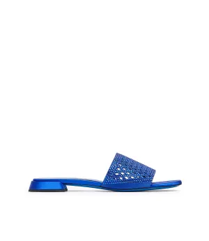 Rhinestoned bluette suede and satin mules