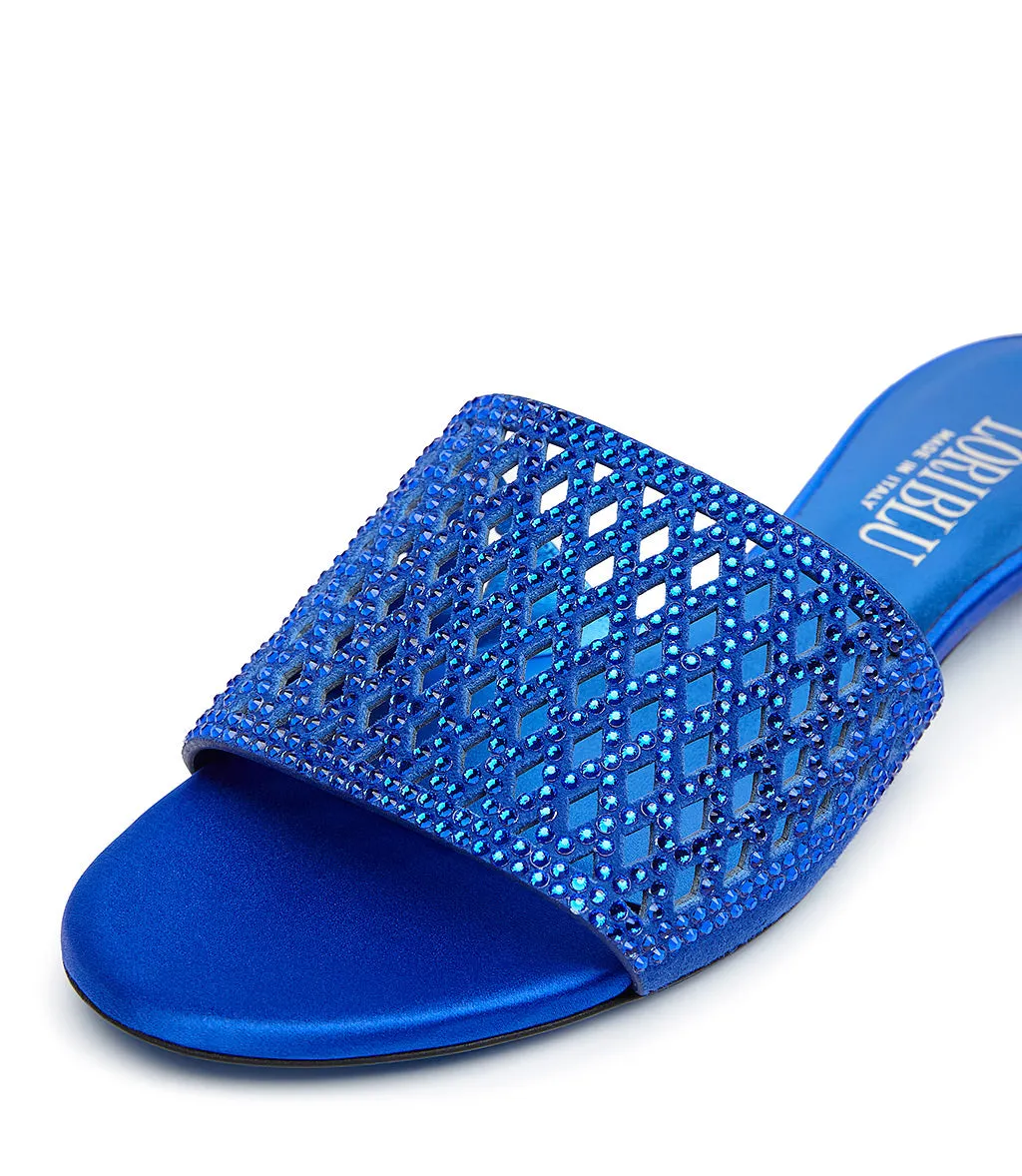 Rhinestoned bluette suede and satin mules