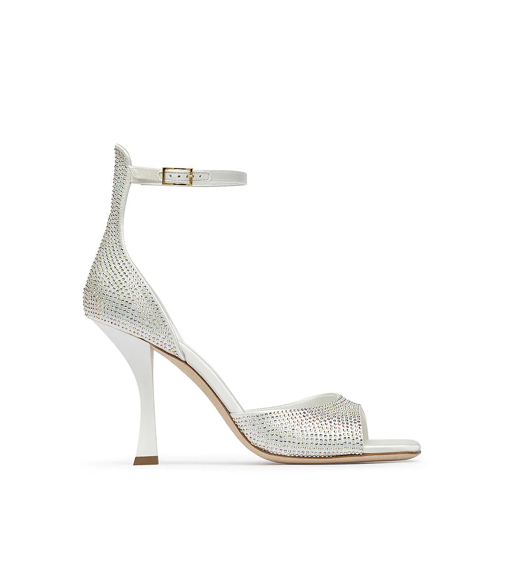 Rhinestoned white satin sandals