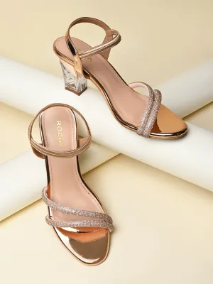 Rocia By Regal Rose Gold Women Diamante Strap Block Heel Sandals