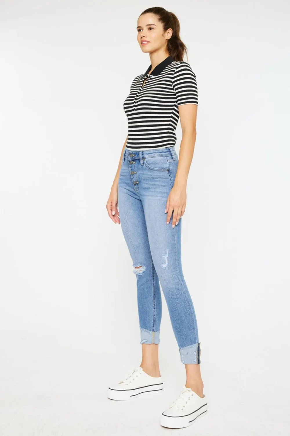 Serena High Rise Distressed Button Fly Skinny Jeans