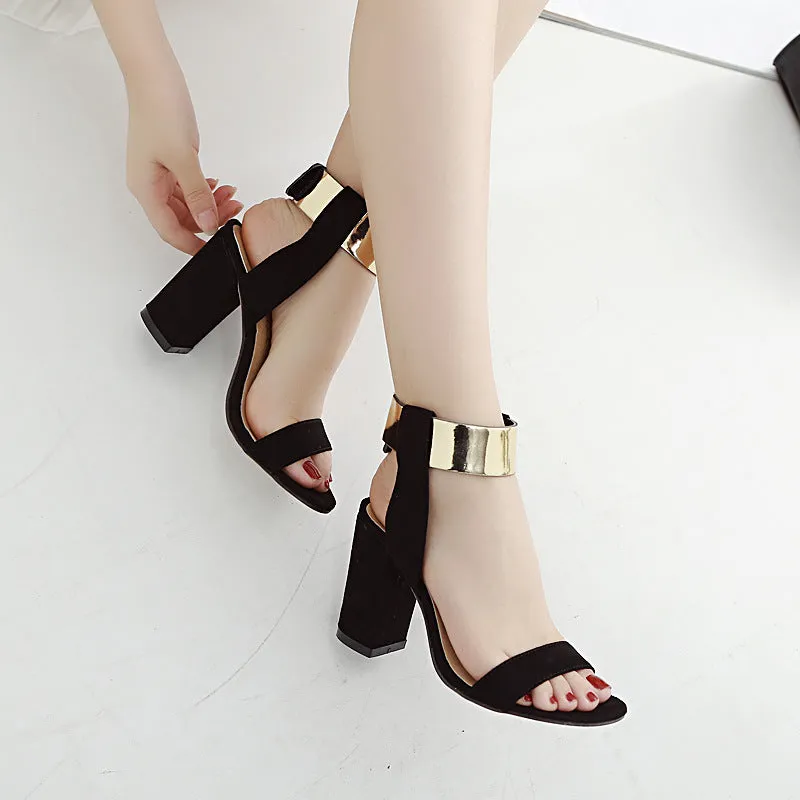 Shinning Gold Ankle Wrap Open Toe Chunky High Heels Sandals