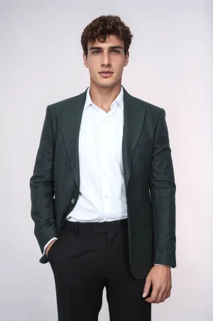 Slim Fit Patterned Dark Green Men Blazer - Wessi