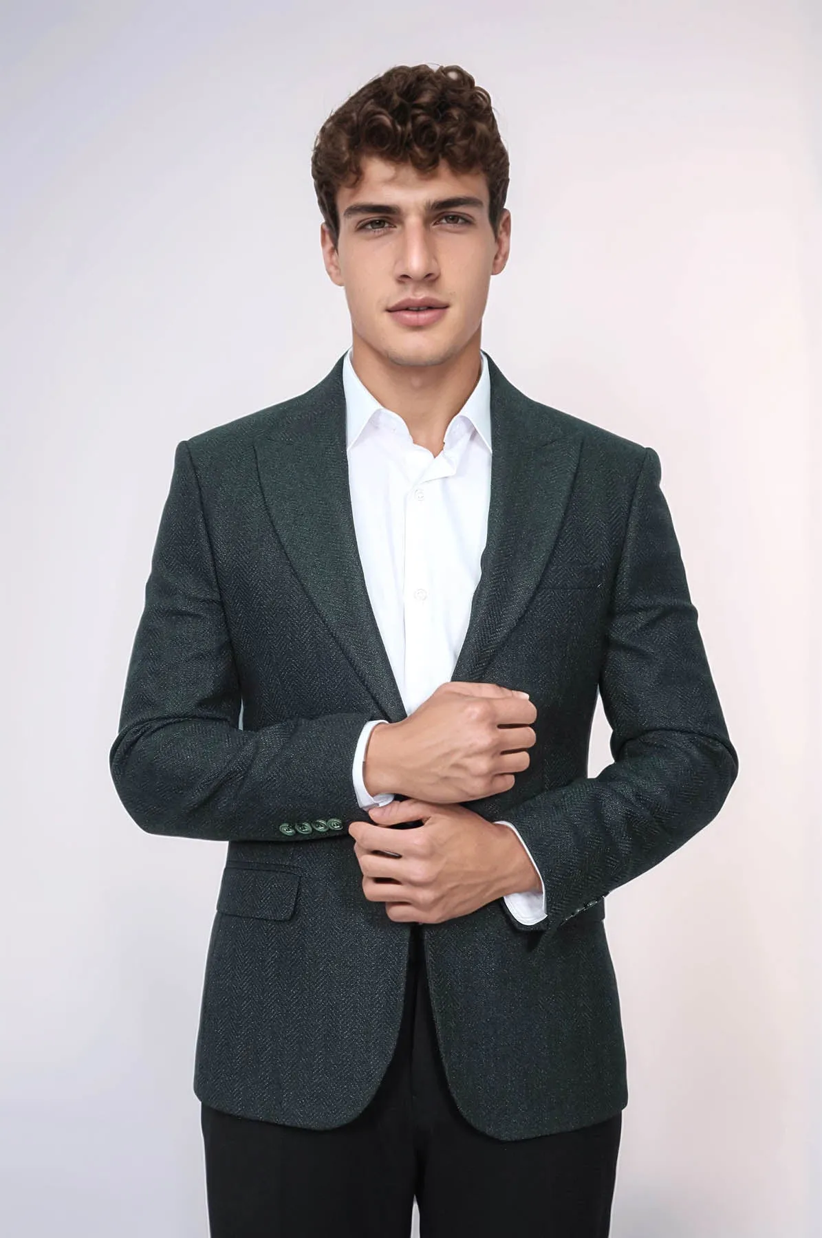 Slim Fit Patterned Dark Green Men Blazer - Wessi