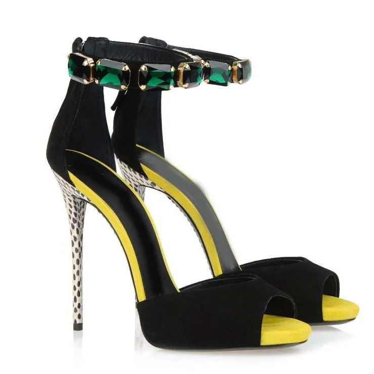 Sparkling Gemstone Peep-Toe High Heel Sandals