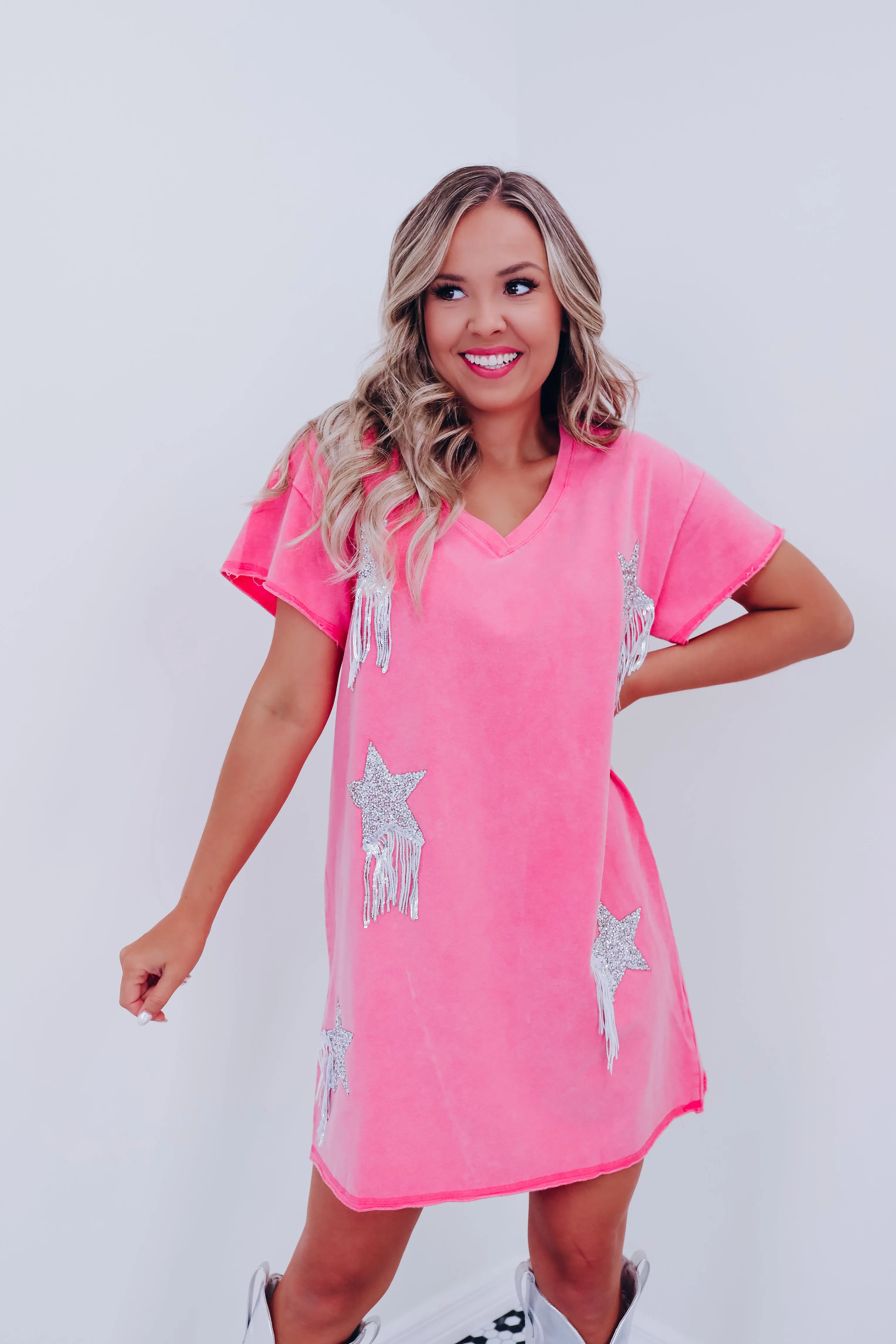 Star Burst Fringe T-Shirt Dress - Pink