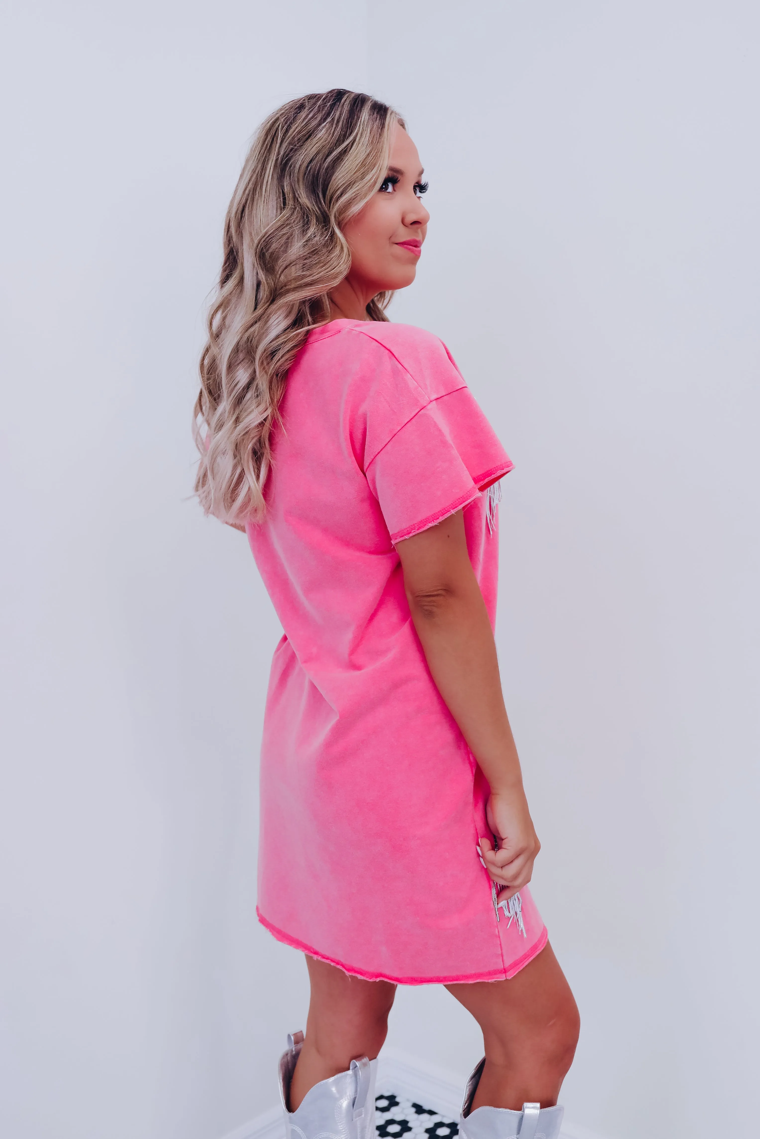 Star Burst Fringe T-Shirt Dress - Pink
