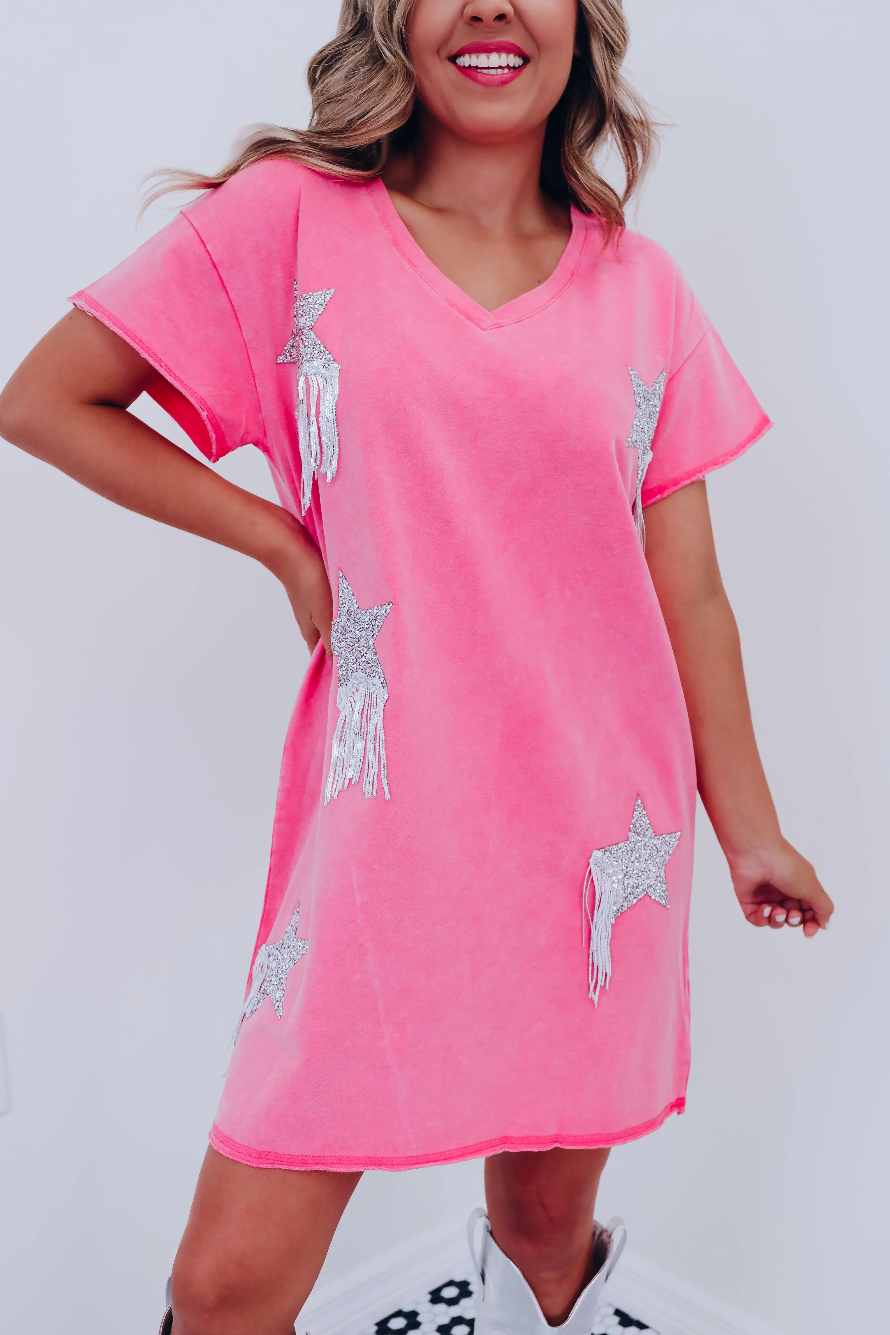 Star Burst Fringe T-Shirt Dress - Pink