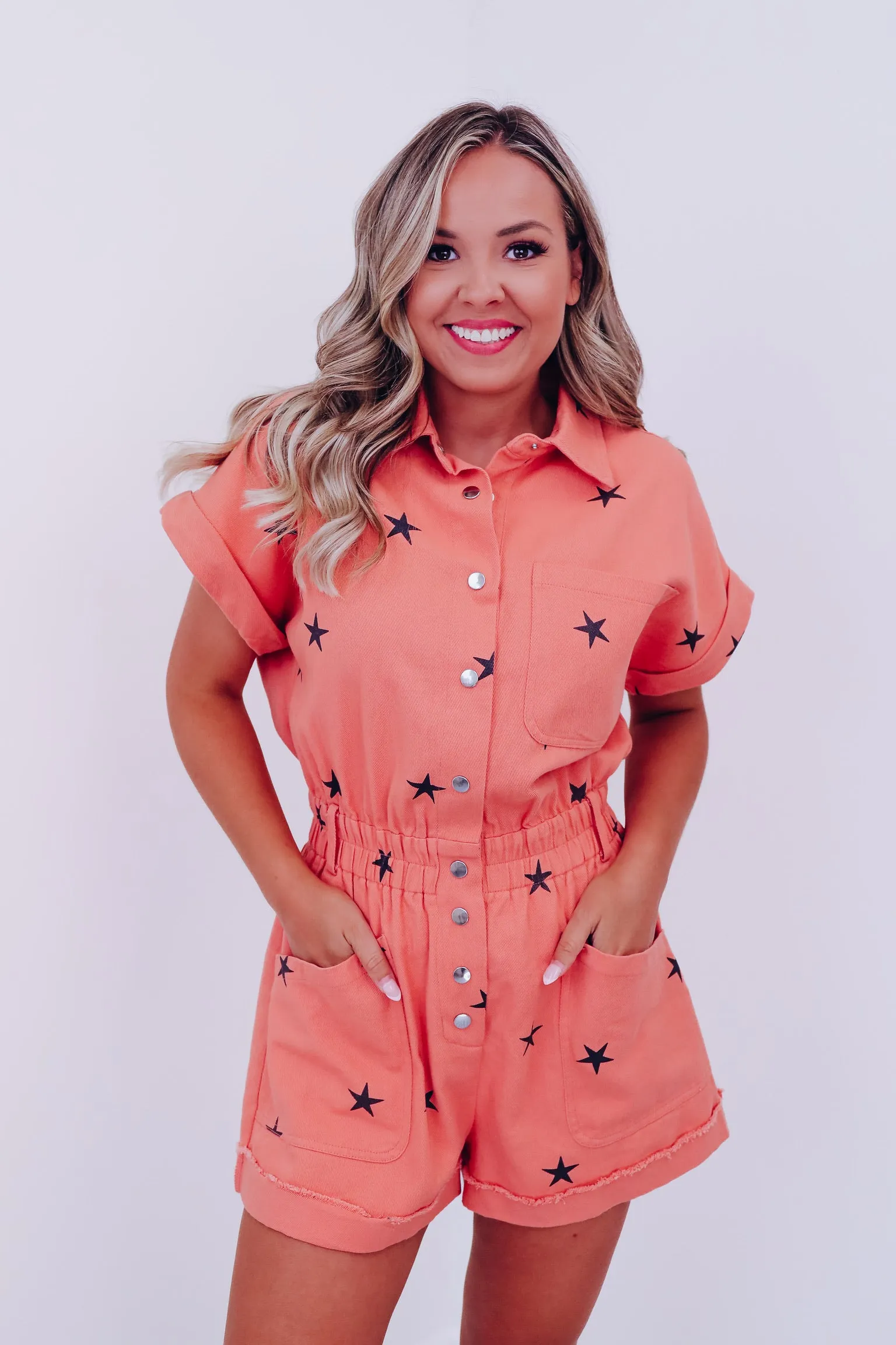 Star Struck Denim Romper - Papaya