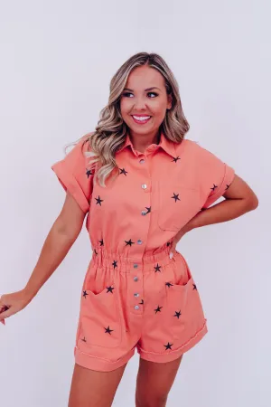 Star Struck Denim Romper - Papaya
