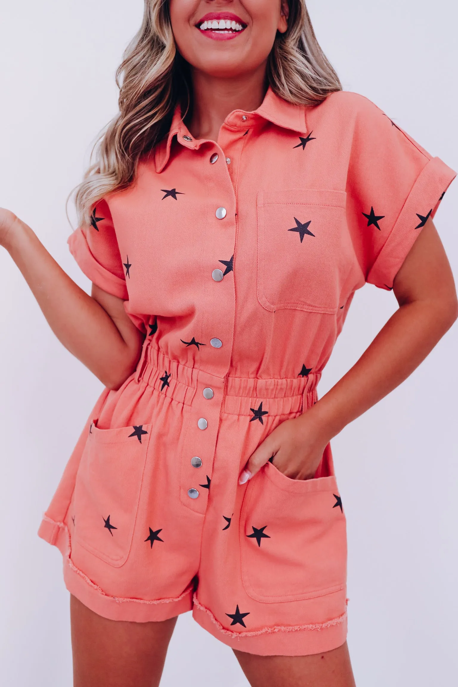 Star Struck Denim Romper - Papaya