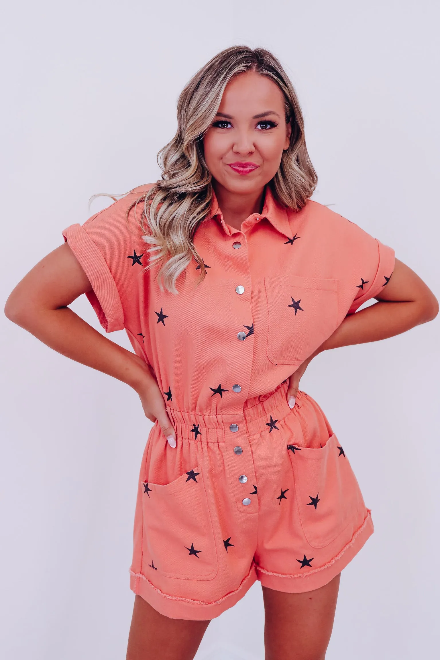 Star Struck Denim Romper - Papaya